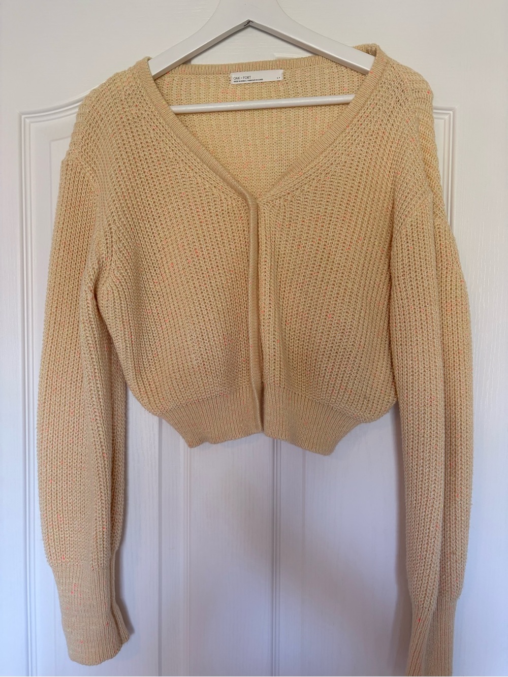 OAK + FORT Cream Open-Knit V-Neck Cropped Cardigan